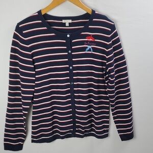 Talbots Je t'aime Embroidered Navy/Red/White Striped Cardigan Sweater French M